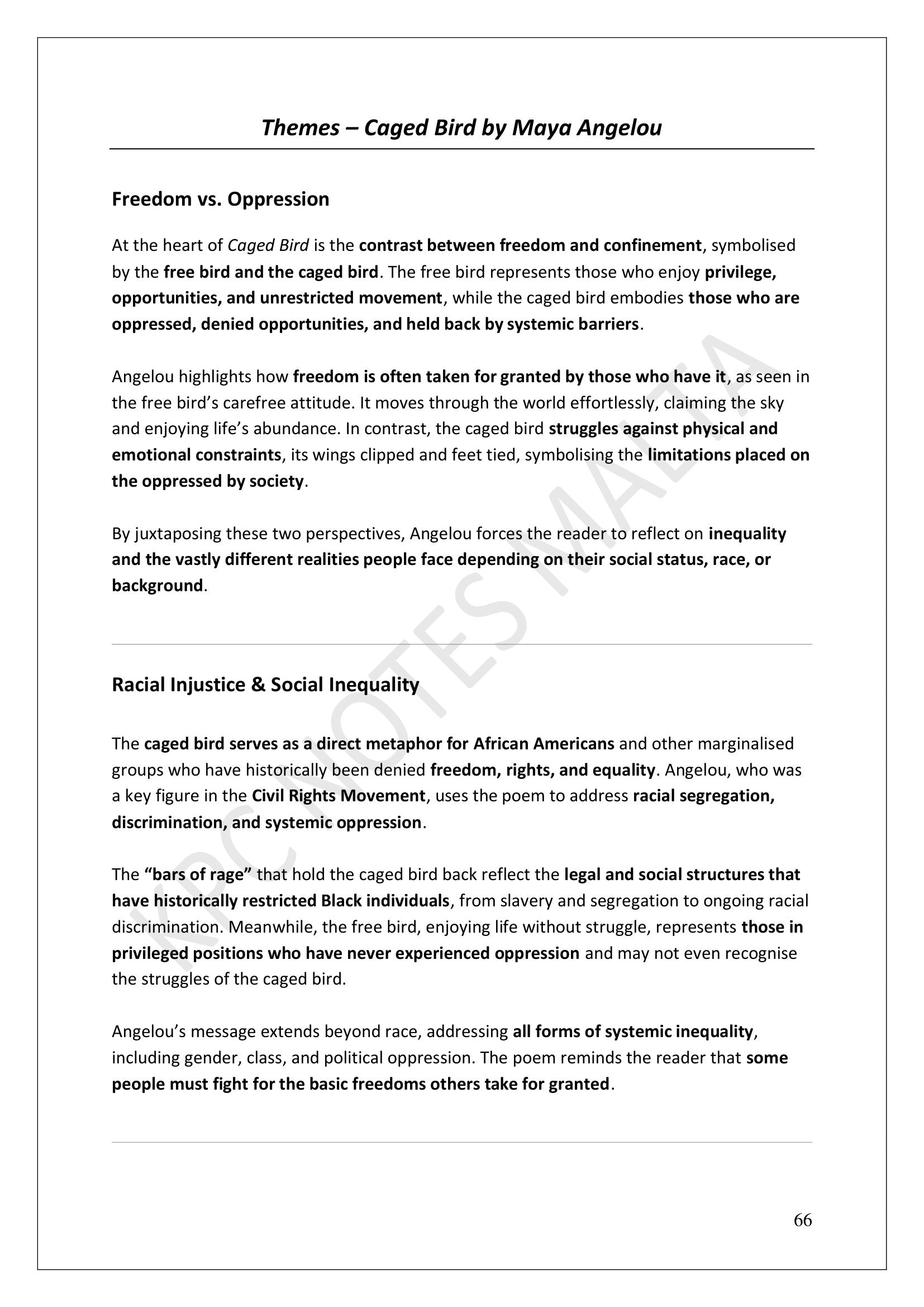 Caged Bird: themes, freedom against oppression (page 66)