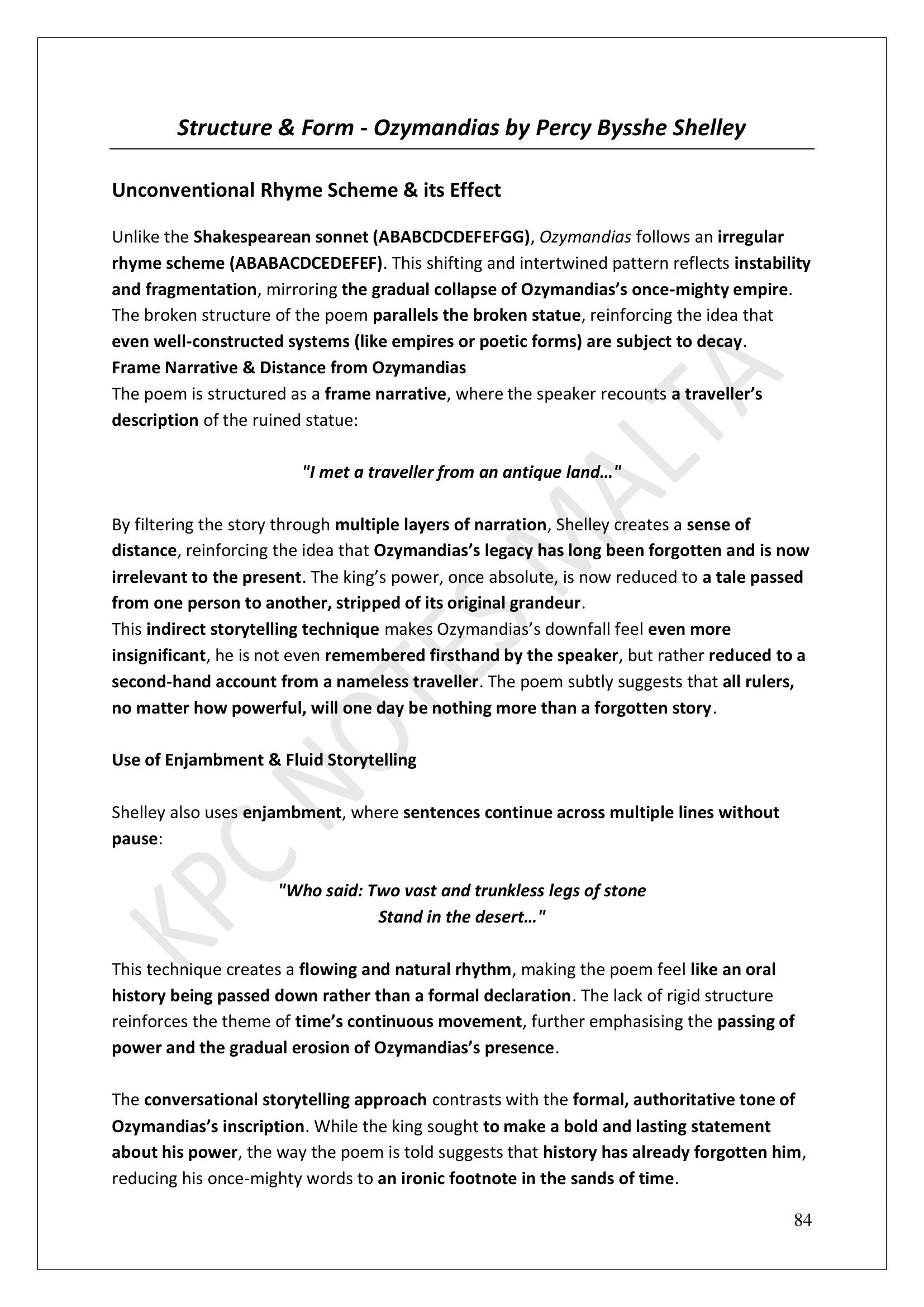 Ozymandias: structure and form, the irregular sonnet rhyme scheme (page 84)