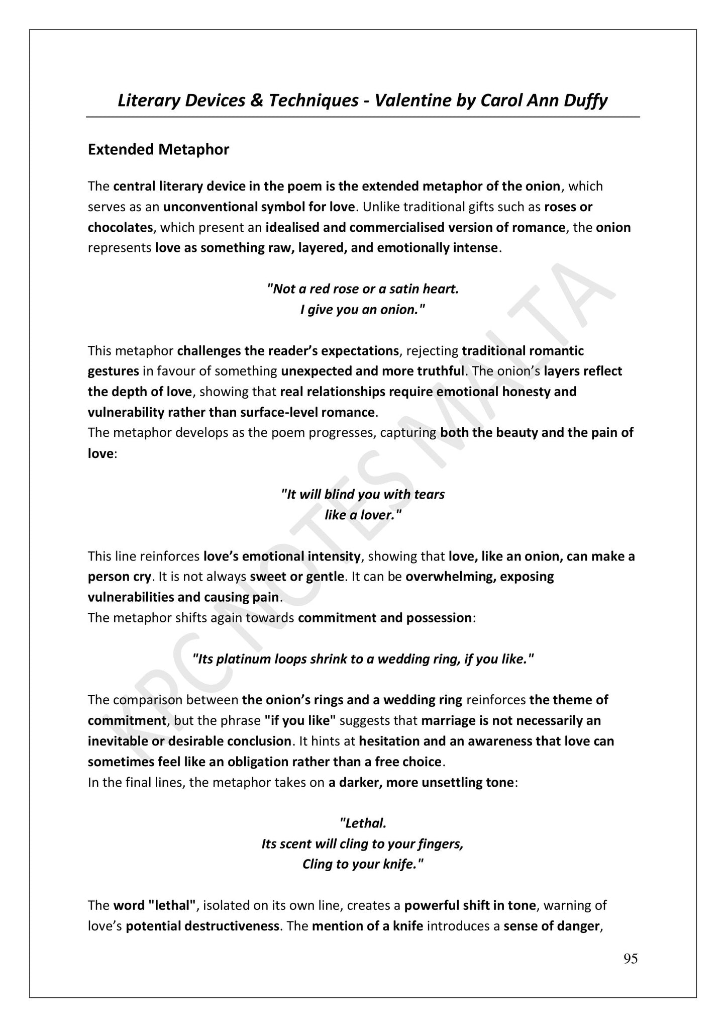 Valentine: literary devices, the extended metaphor of the onion (page 95)
