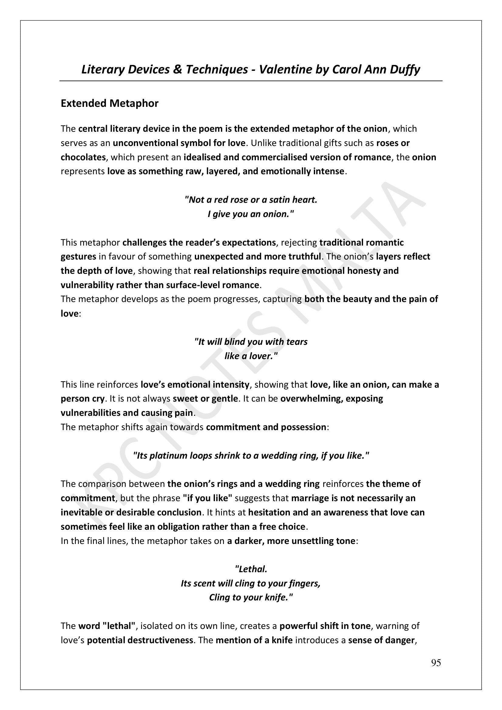 Valentine: literary devices, the extended metaphor of the onion (page 95)
