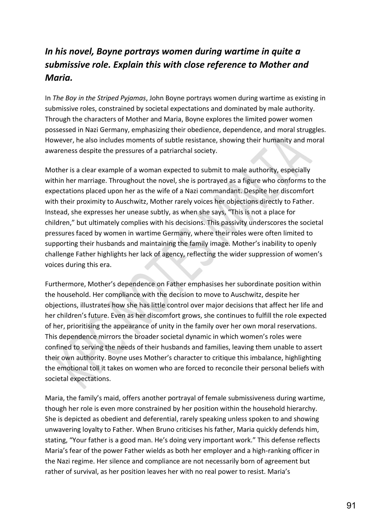 Model Essays: a full essay on how Boyne presents Mother and Maria (page 91)