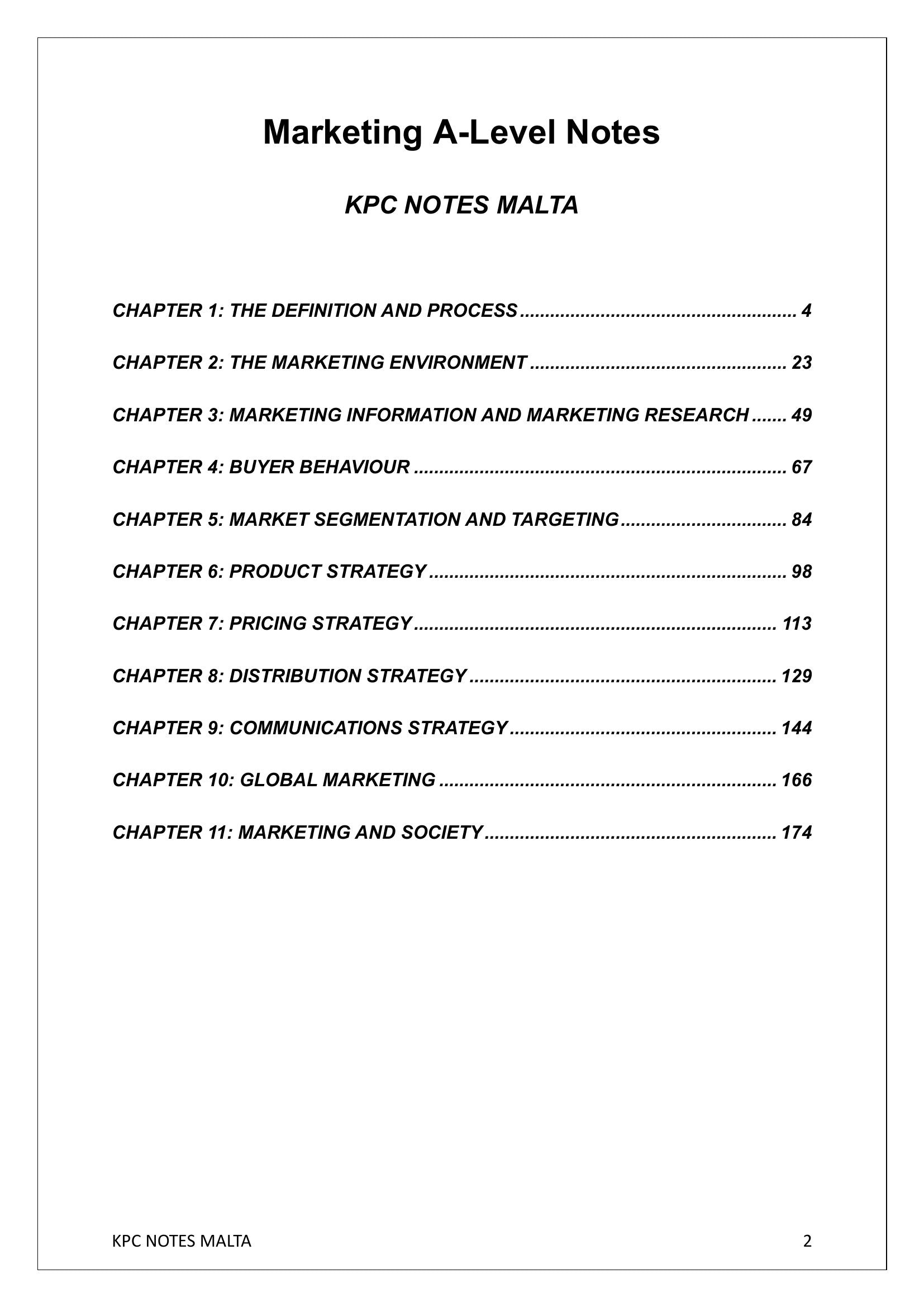 Contents: notes pack table of contents (notes page 2)