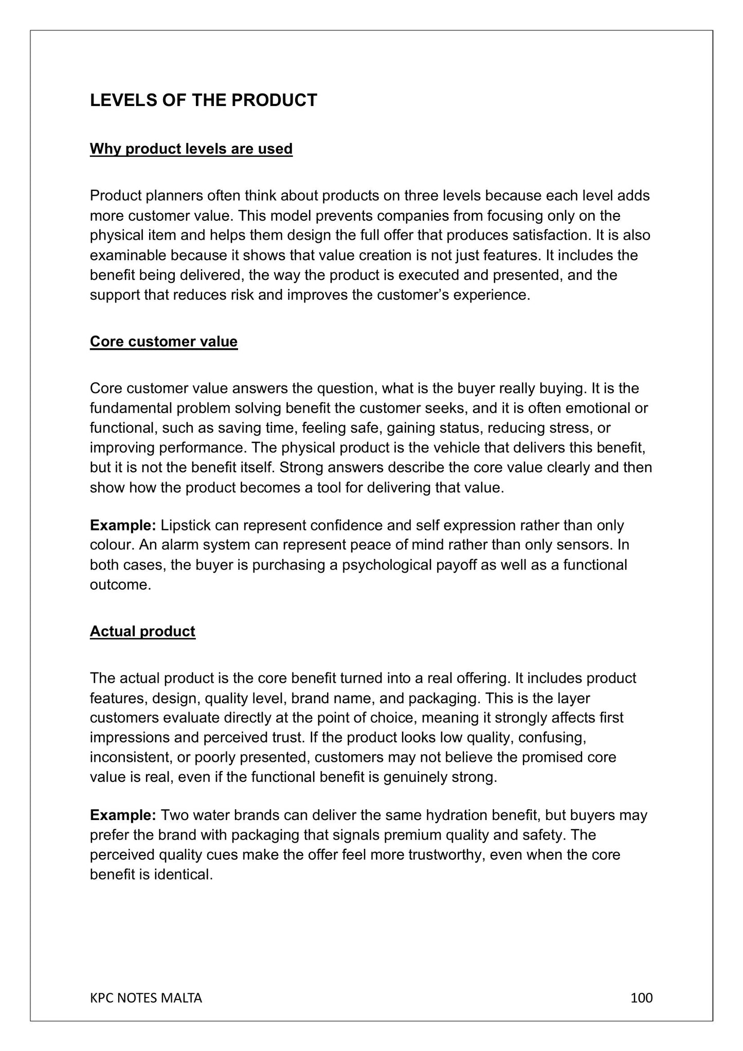 Product Strategy: the three levels of the product (notes page 100)