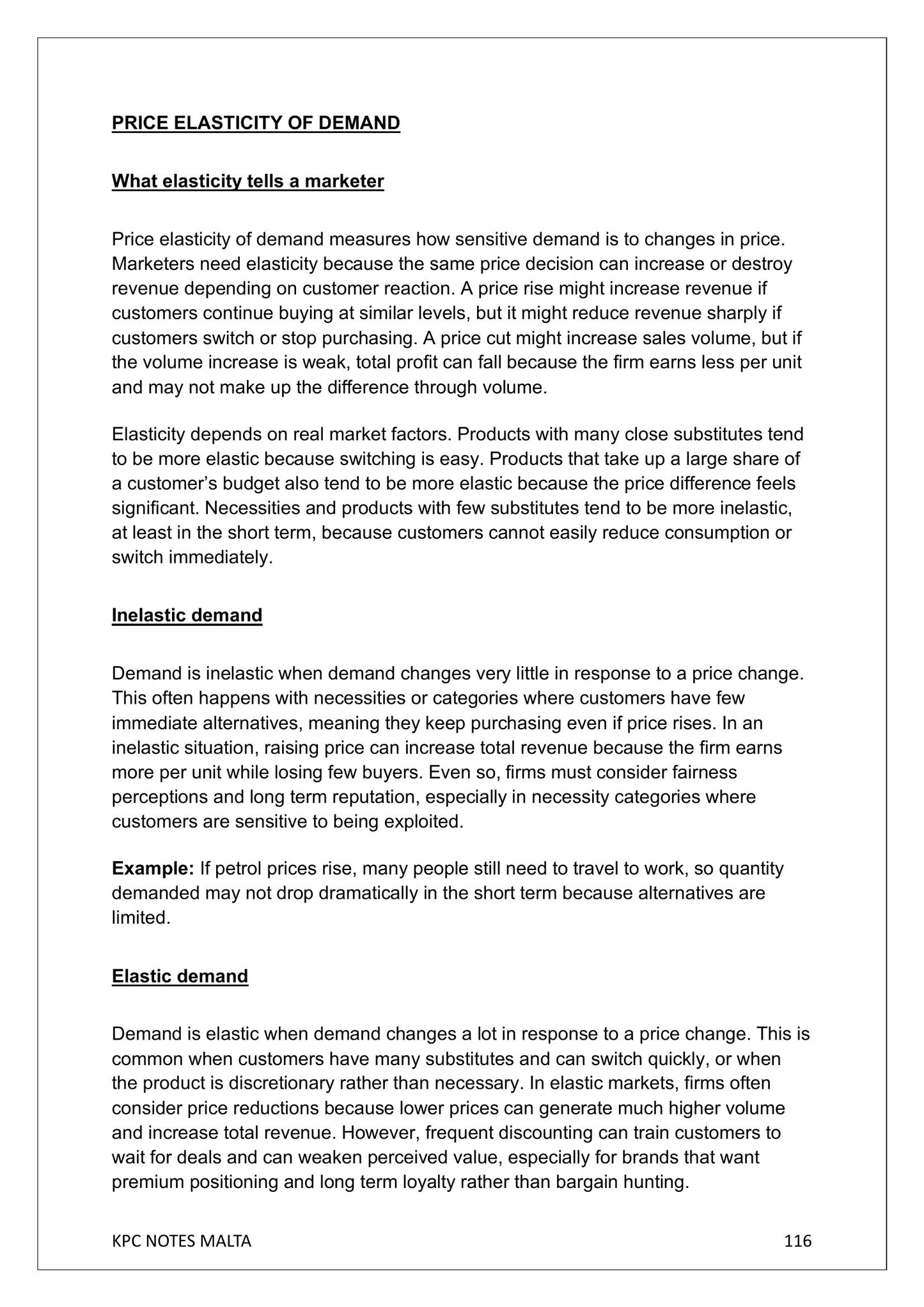 Pricing Strategy: price elasticity of demand (notes page 116)