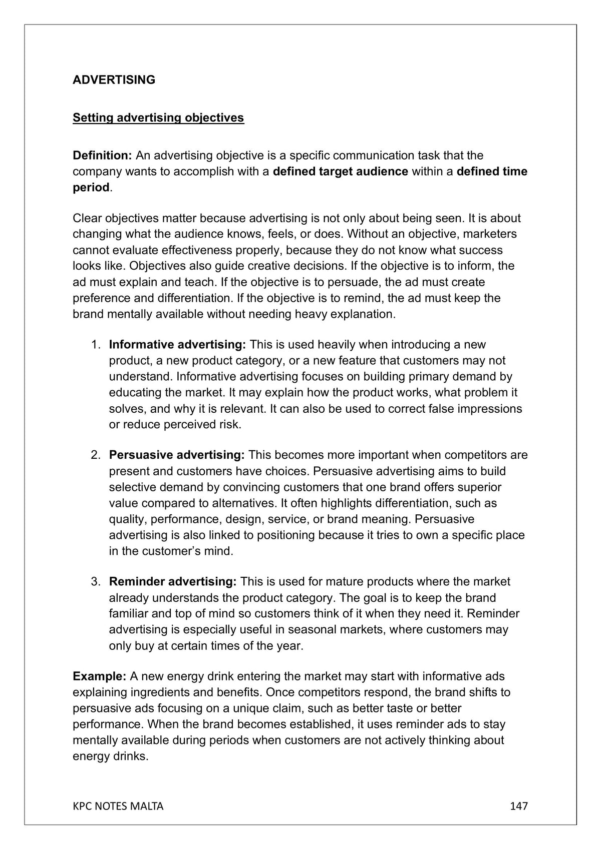 Communications Strategy: setting advertising objectives (notes page 147)
