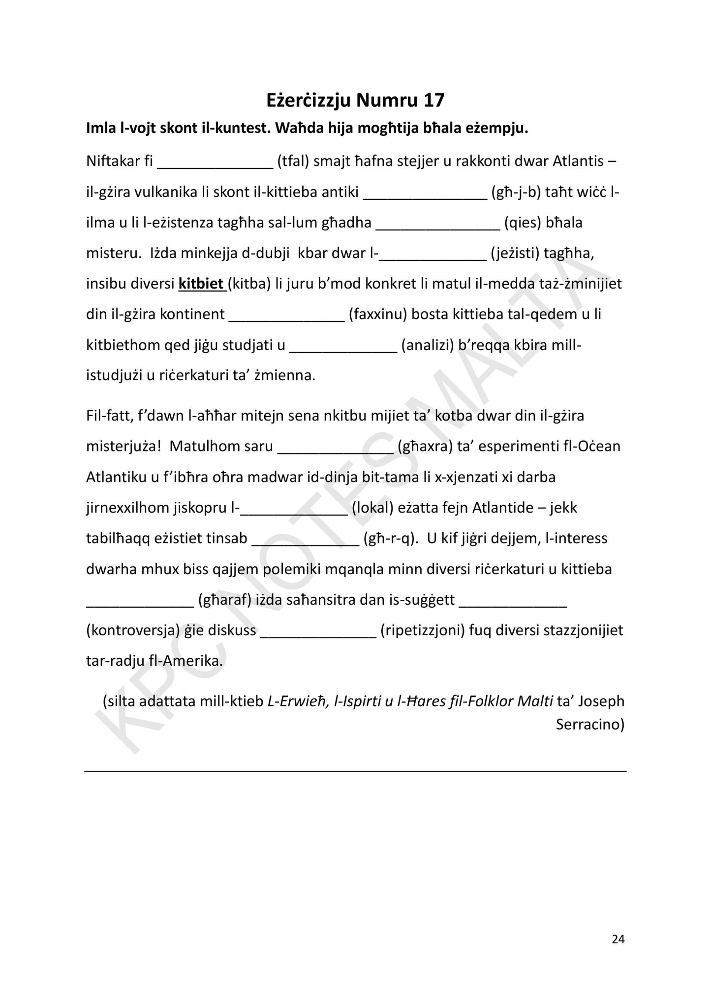 Mistoqsijiet: eżerċizzju 17, imla l-vojt skont il-kuntest (paġna 24)