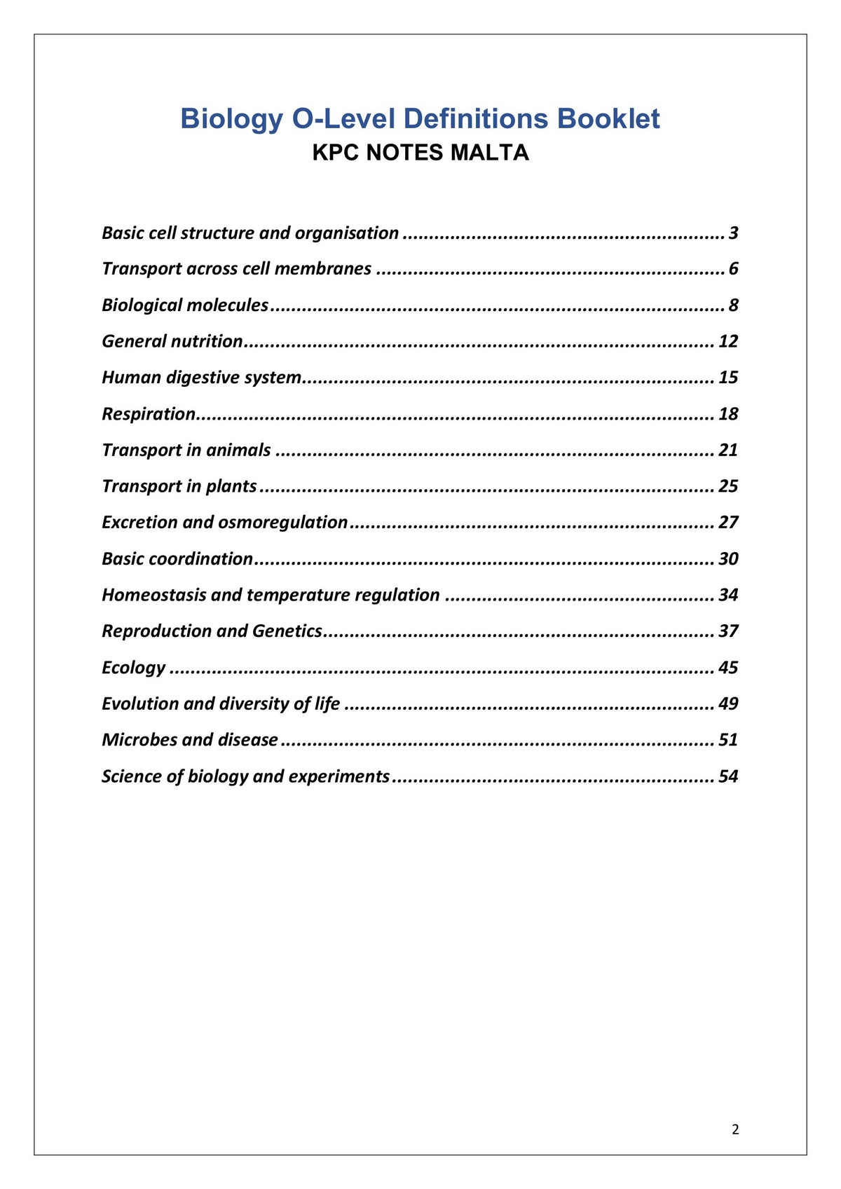 Contents: all 16 topics with page numbers, from cell structure to experiments (page 2)
