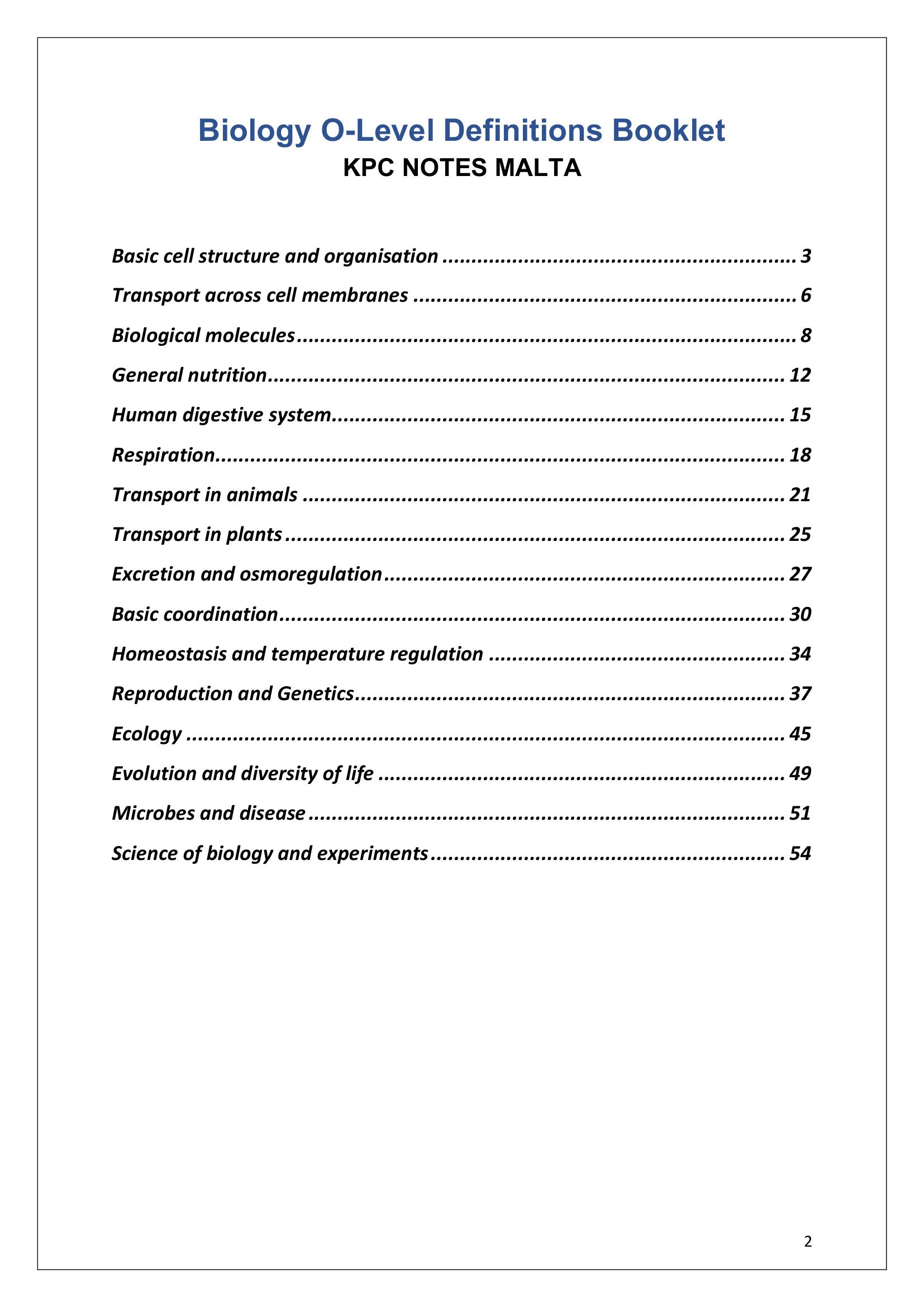 Contents: all 16 topics with page numbers, from cell structure to experiments (page 2)