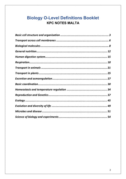 Contents: all 16 topics with page numbers, from cell structure to experiments (page 2)