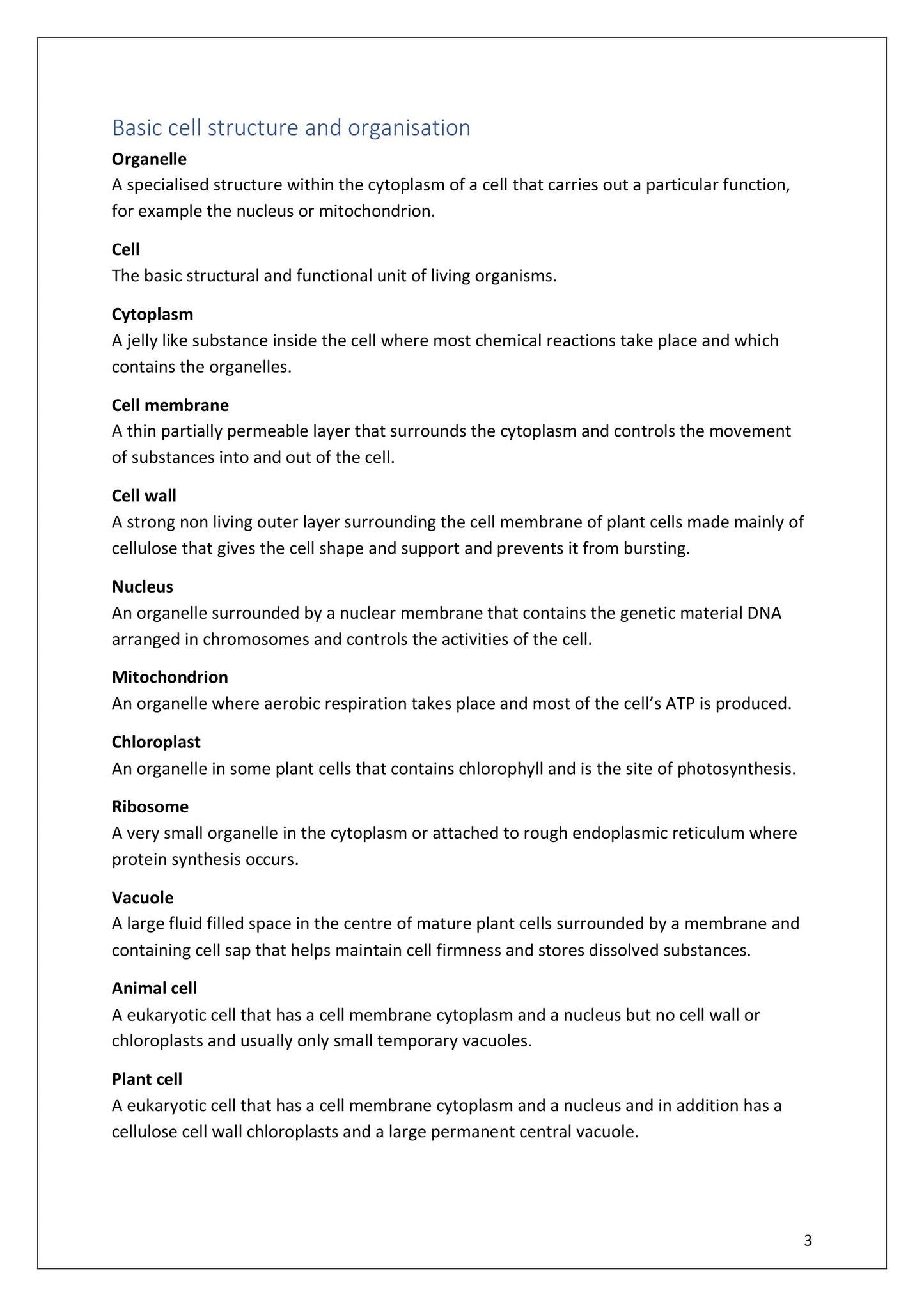 Definitions: basic cell structure and organisation, organelle through to plant cell (page 3)
