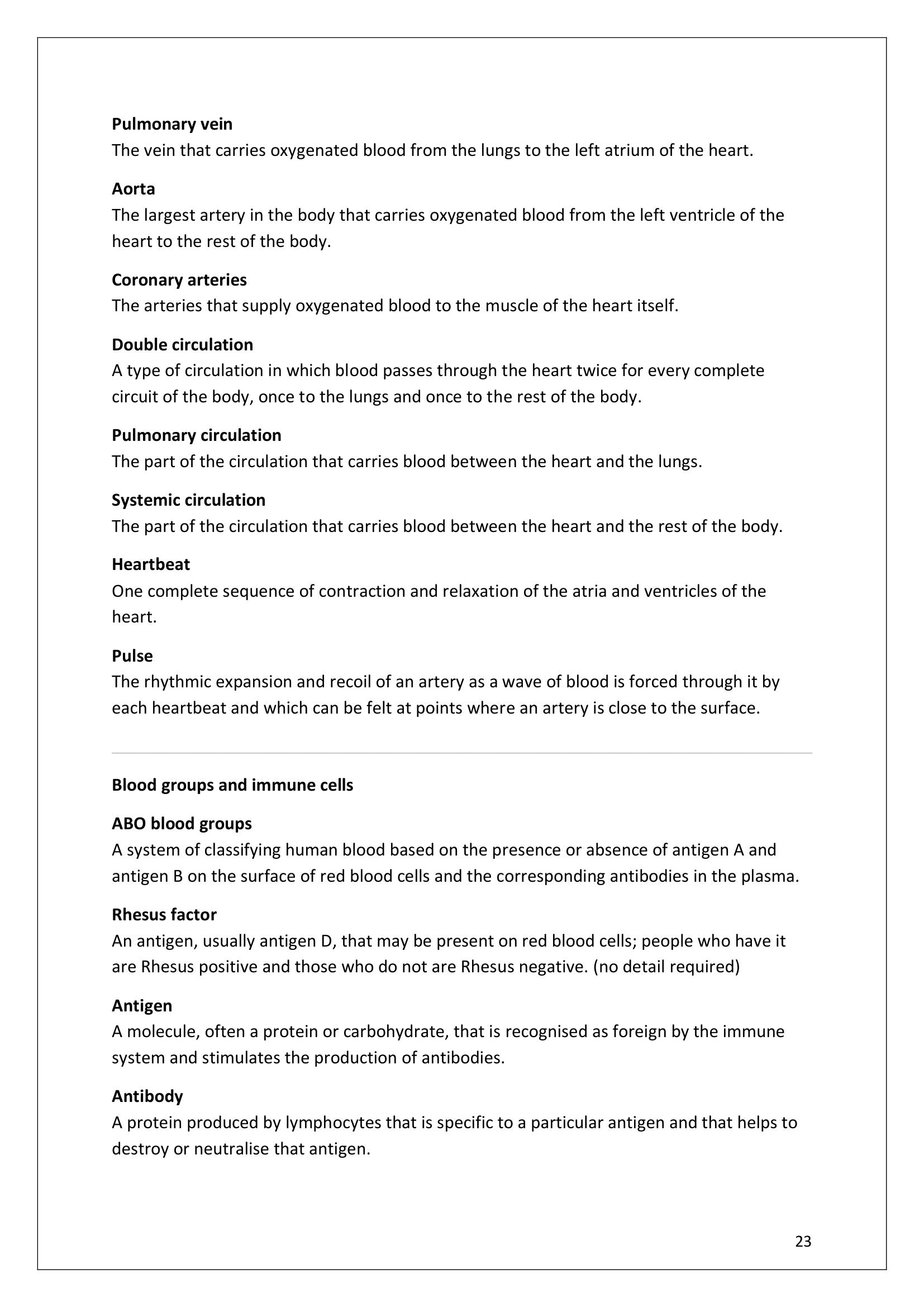 Definitions: transport in animals, from the aorta to double circulation and blood groups (page 23)