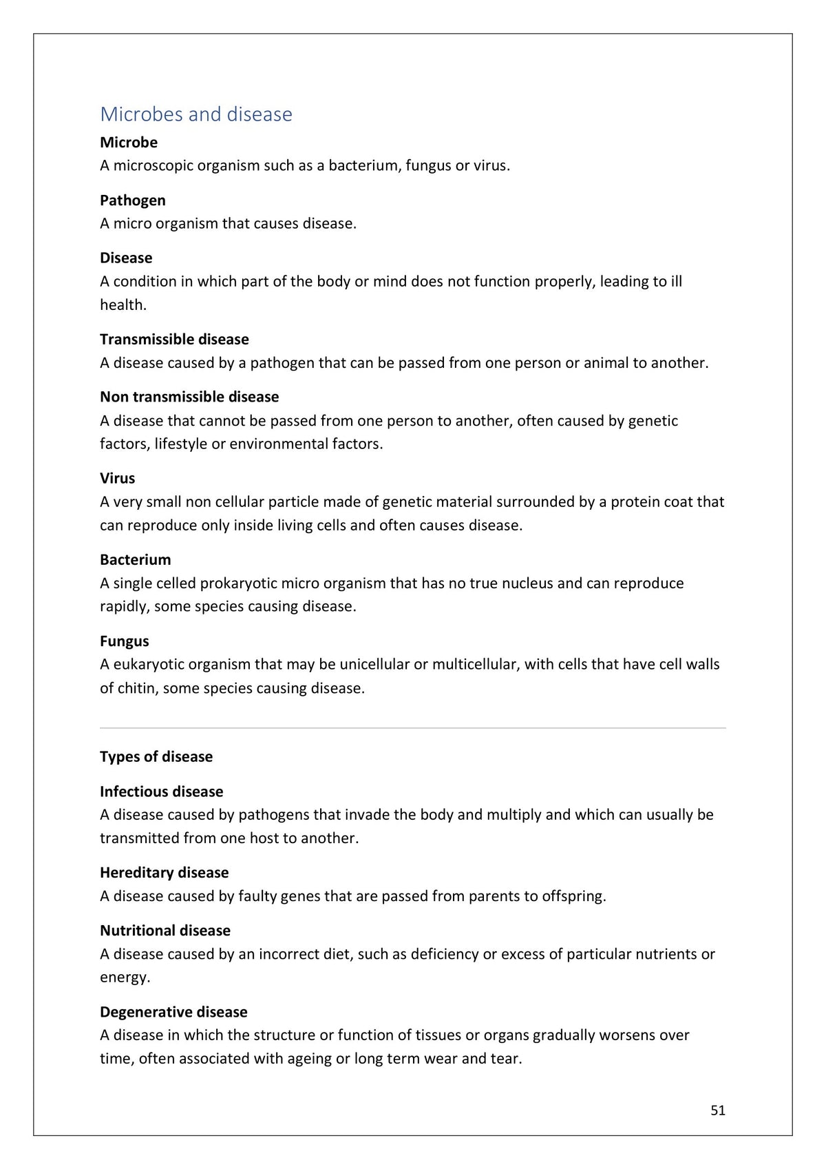 Definitions: microbes and disease, pathogens, viruses and the four types of disease (page 51)