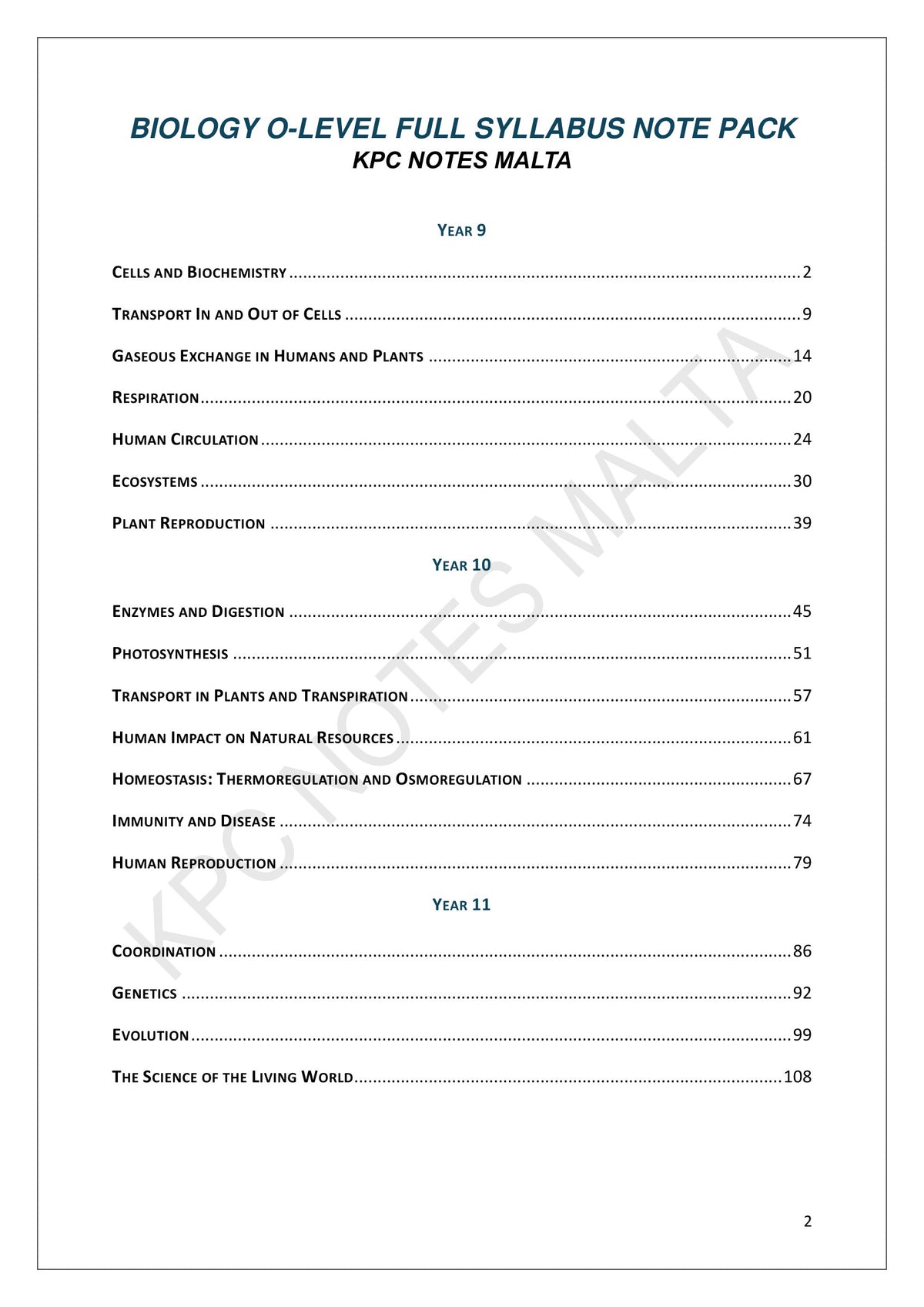 Contents: all 18 topics, grouped by Year 9, Year 10 and Year 11 (page 2)