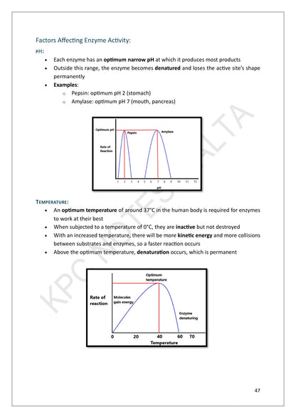 Year 10: how pH and temperature affect enzyme activity, with both graphs (page 47)