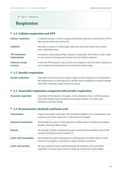 Definitions: Topic 4 Respiration, from cellular respiration and ATP onwards (page 13)