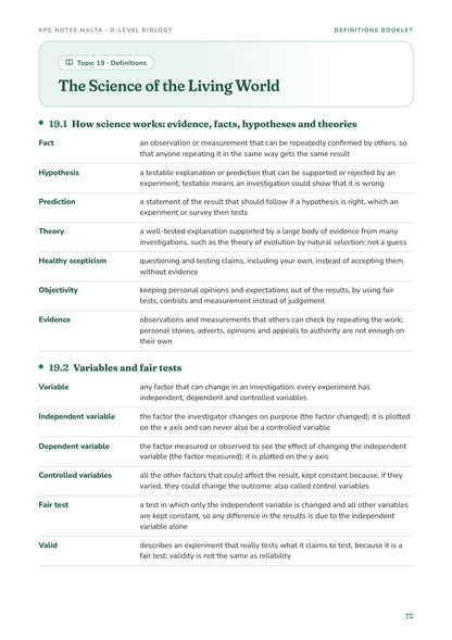 Definitions: Topic 19 science skills, facts, hypotheses and theories (page 72)