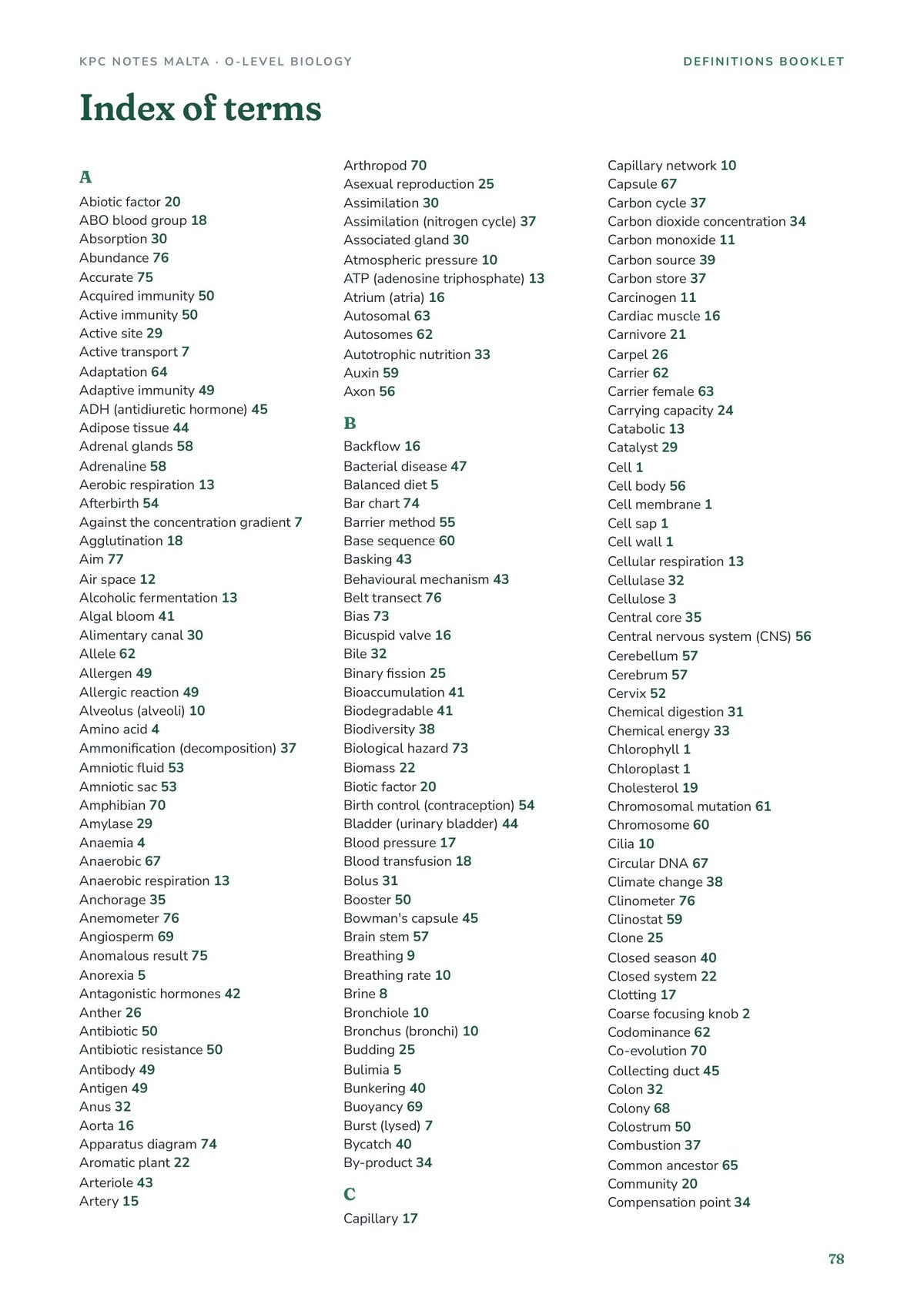 Index: every term from A to Z with its page number (page 78)