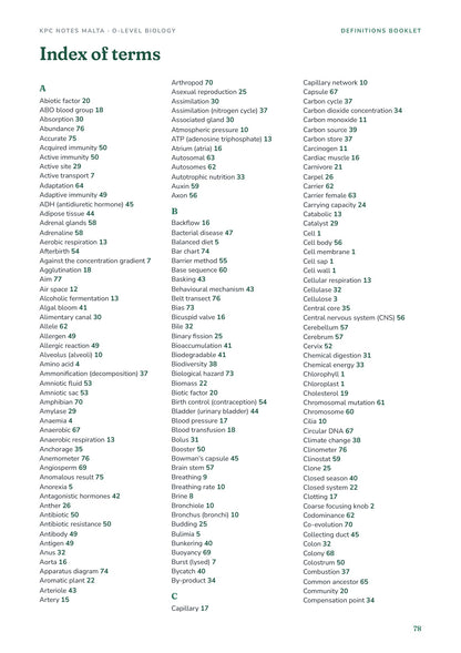Index: every term from A to Z with its page number (page 78)