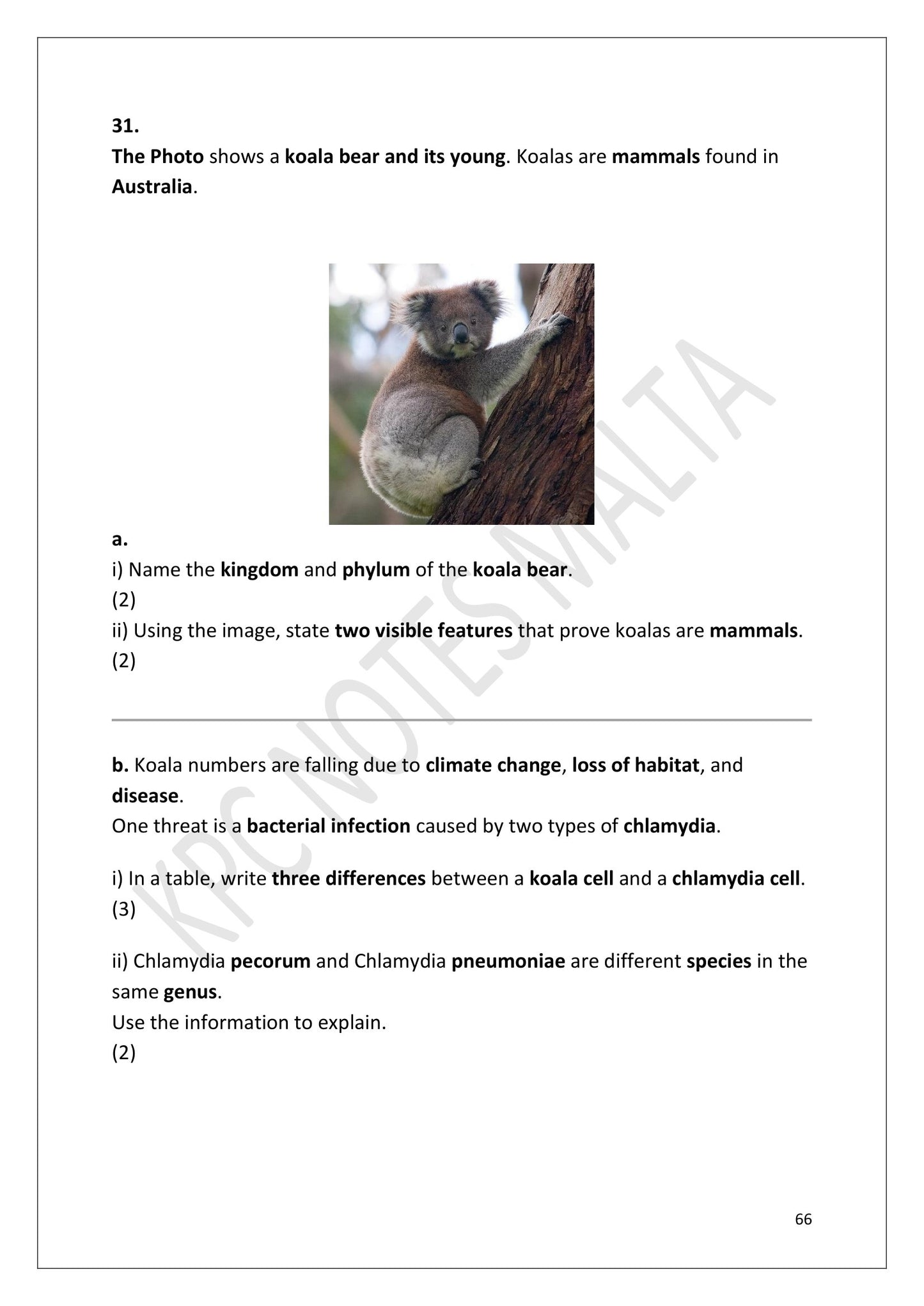 Questions: Section D, classification and cell structure, set around koalas and chlamydia (page 66)