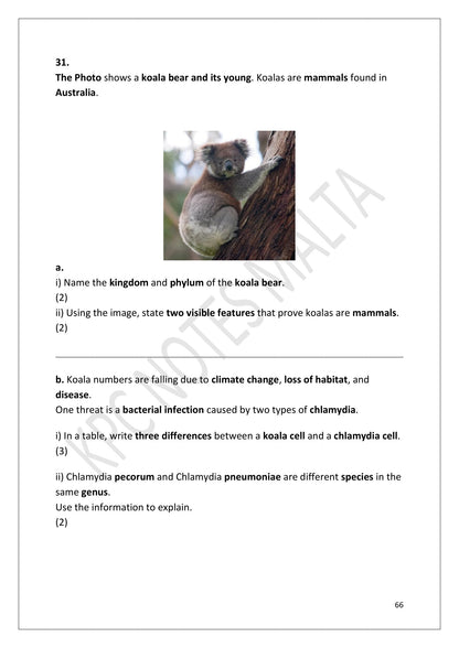 Questions: Section D, classification and cell structure, set around koalas and chlamydia (page 66)