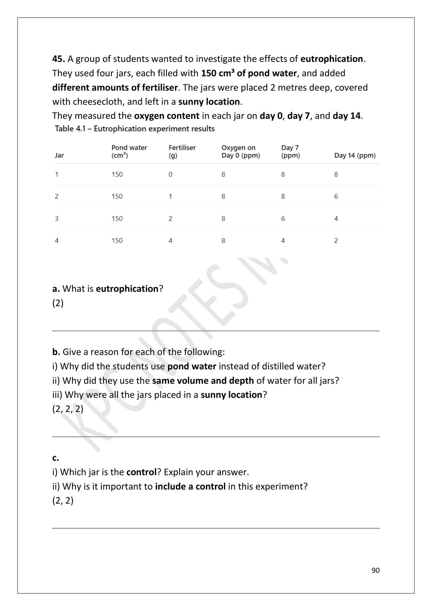 Questions: Section E, a eutrophication investigation with oxygen readings over 14 days (page 90)