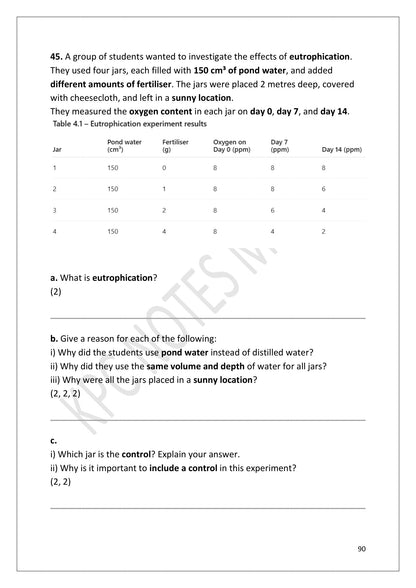 Questions: Section E, a eutrophication investigation with oxygen readings over 14 days (page 90)