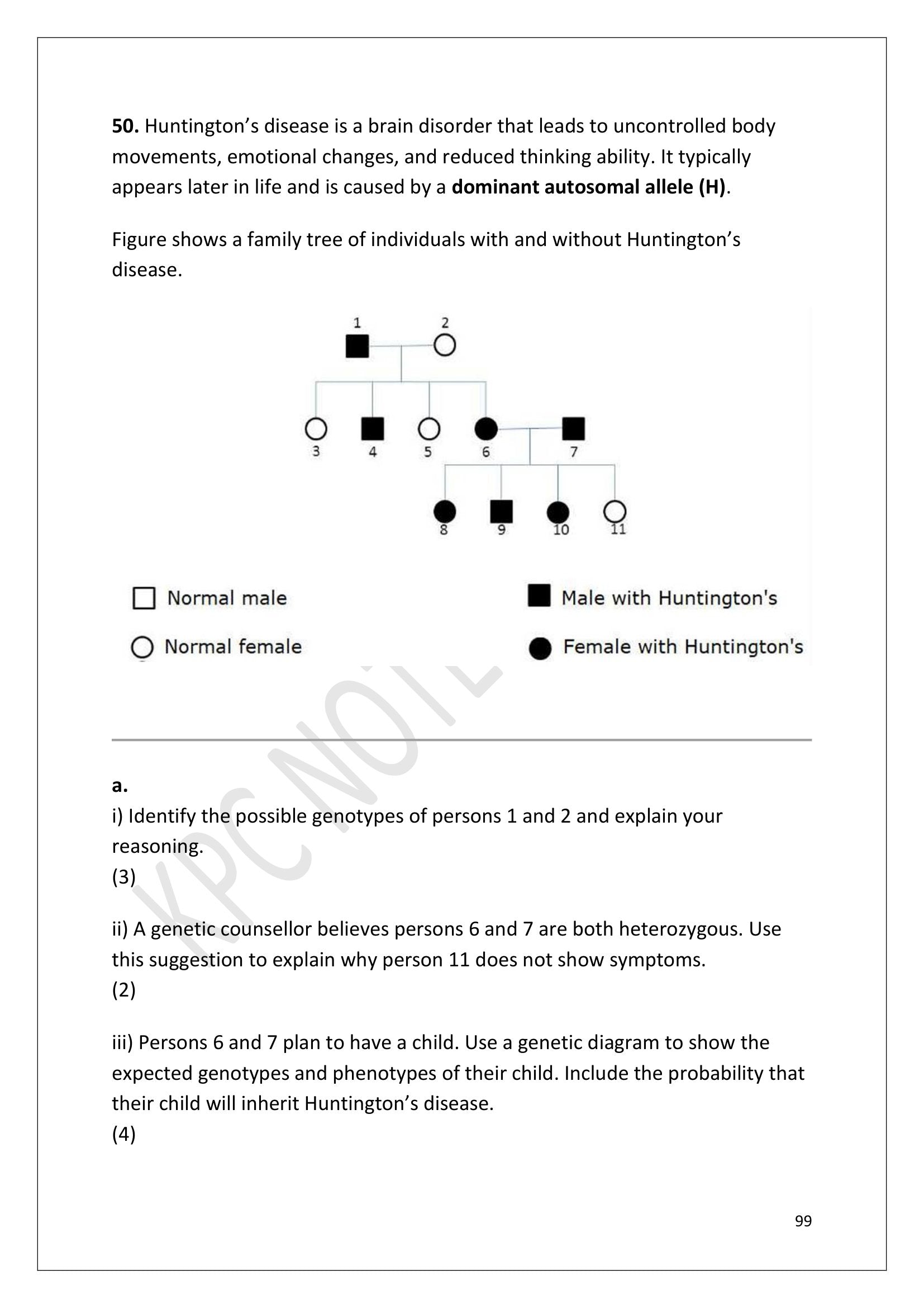 Questions: Section F, a Huntington's disease family pedigree to interpret (page 99)