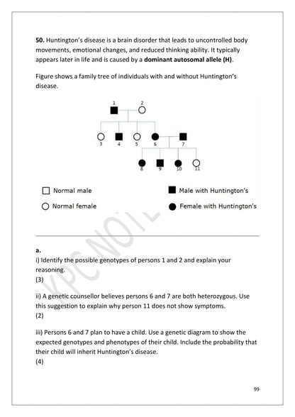 Questions: Section F, a Huntington's disease family pedigree to interpret (page 99)