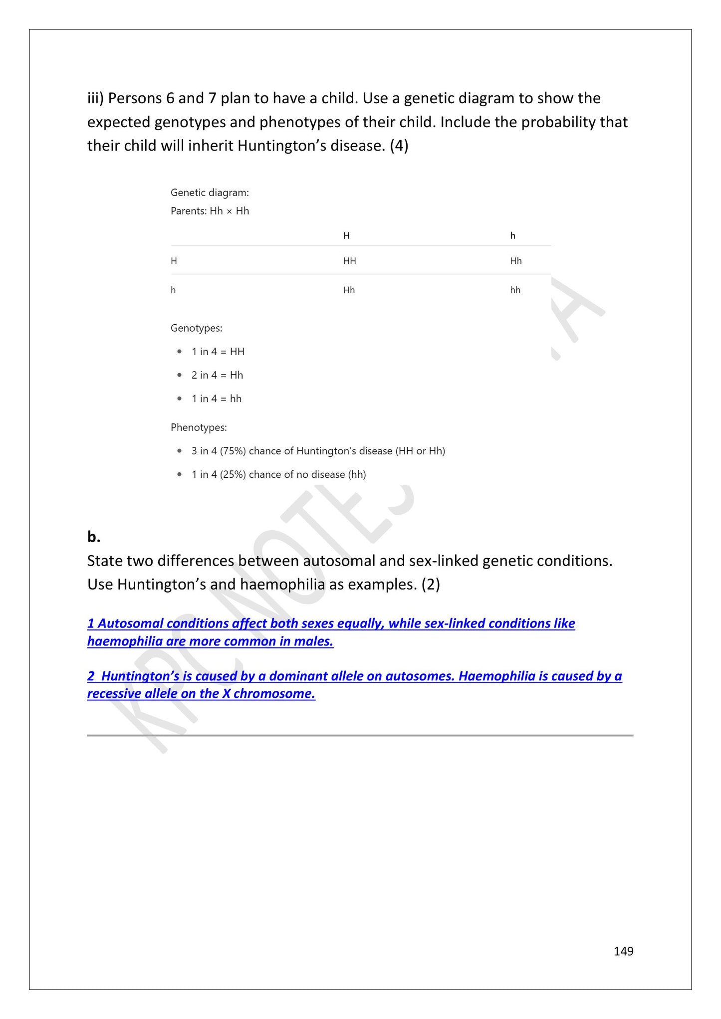 Answers: a worked genetic diagram giving the 75 per cent risk of inheriting Huntington's (page 149)