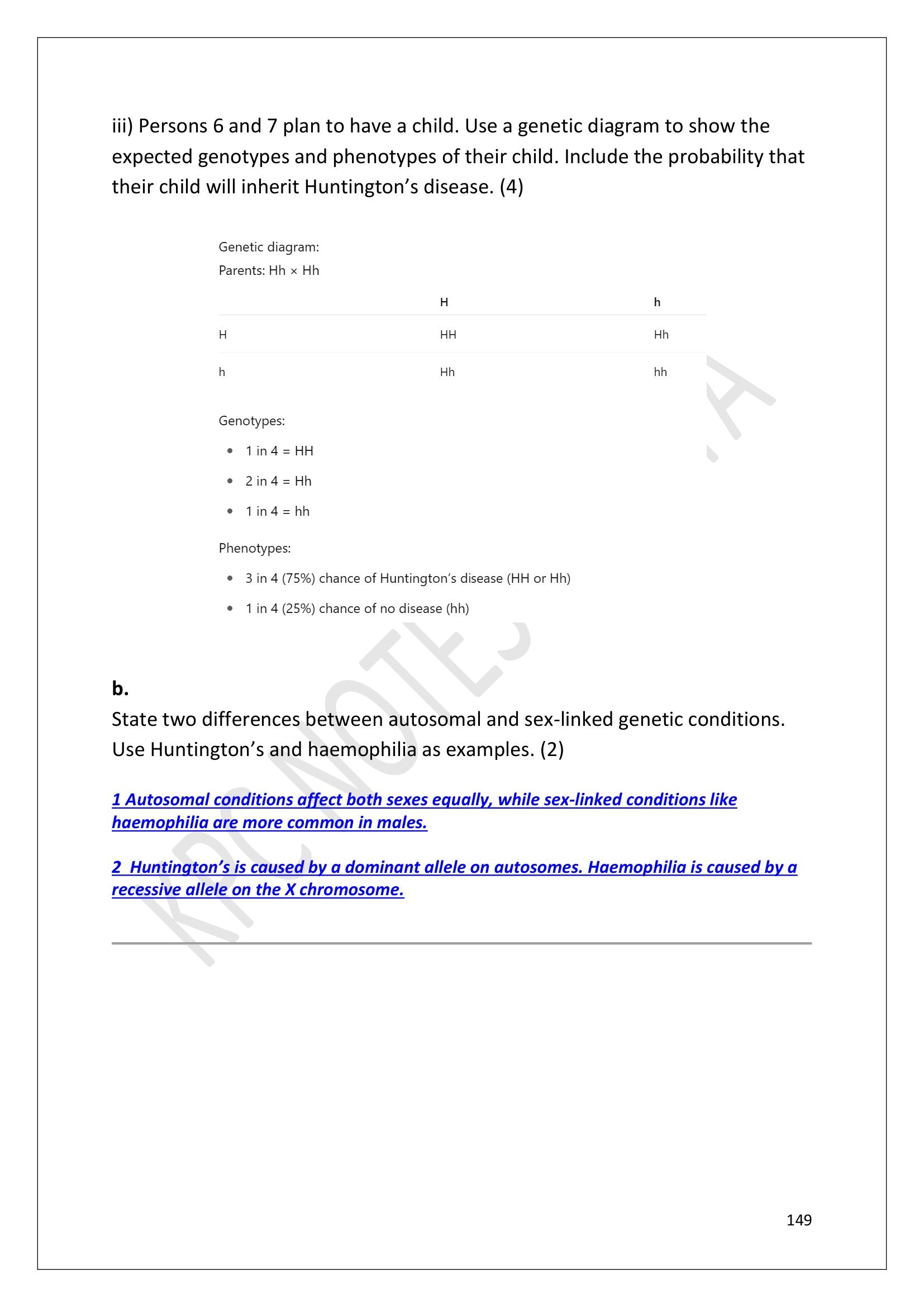 Answers: a worked genetic diagram giving the 75 per cent risk of inheriting Huntington's (page 149)