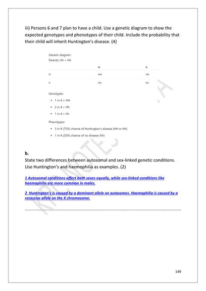 Answers: a worked genetic diagram giving the 75 per cent risk of inheriting Huntington's (page 149)