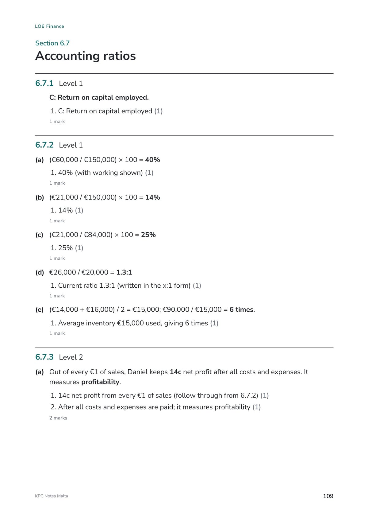 Answer book: accounting ratios worked out in full, with the marking points (page 109)