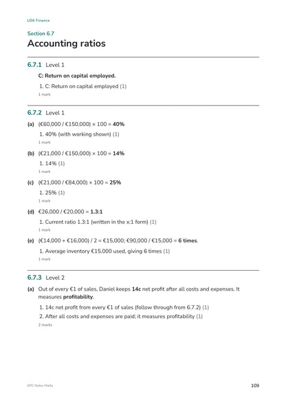 Answer book: accounting ratios worked out in full, with the marking points (page 109)