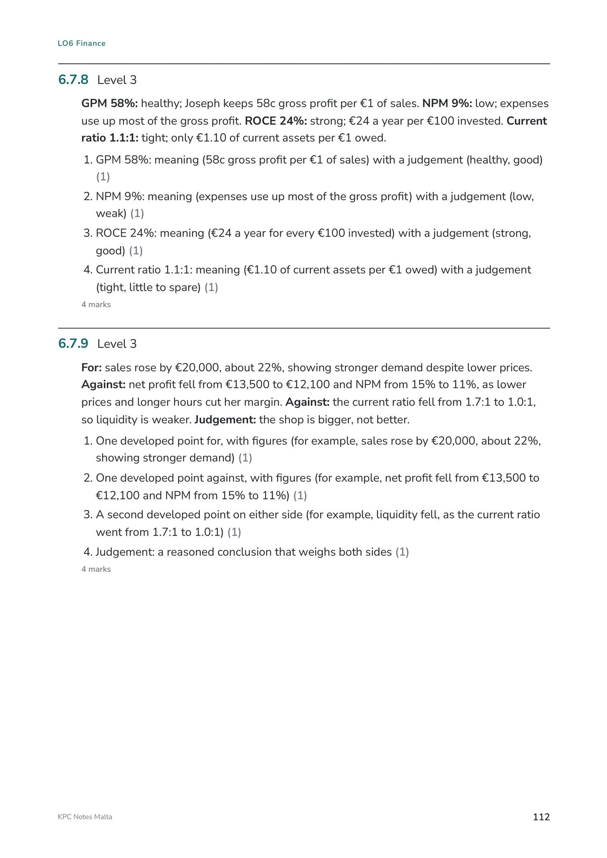 Answer book: a Level 3 ratio analysis with a reasoned judgement (page 112)