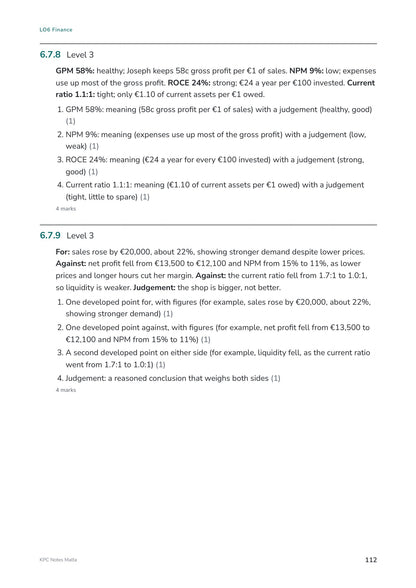 Answer book: a Level 3 ratio analysis with a reasoned judgement (page 112)