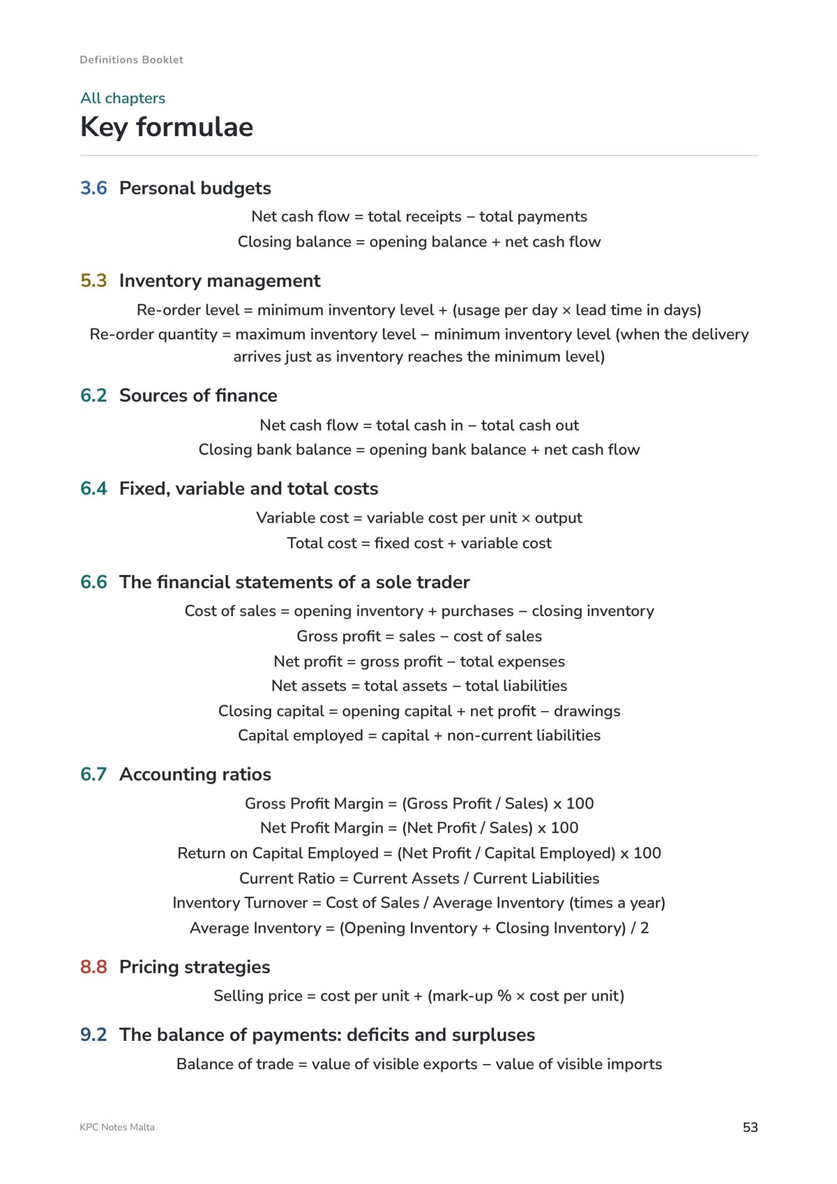 Quick Review Booklet: every key formula on one page (page 53)