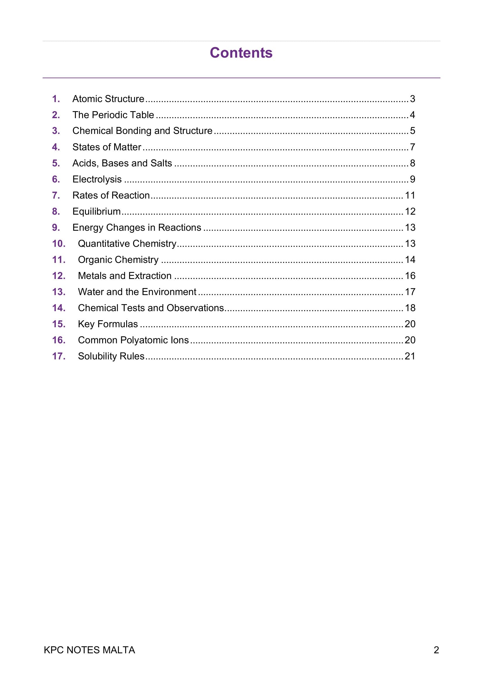 Contents: all 17 sections, from atomic structure to the solubility rules (page 2)