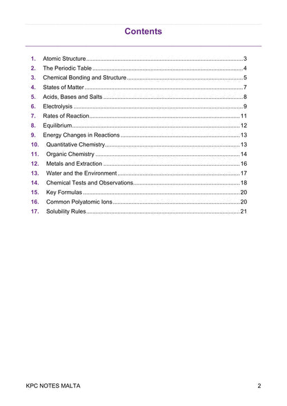 Contents: all 17 sections, from atomic structure to the solubility rules (page 2)