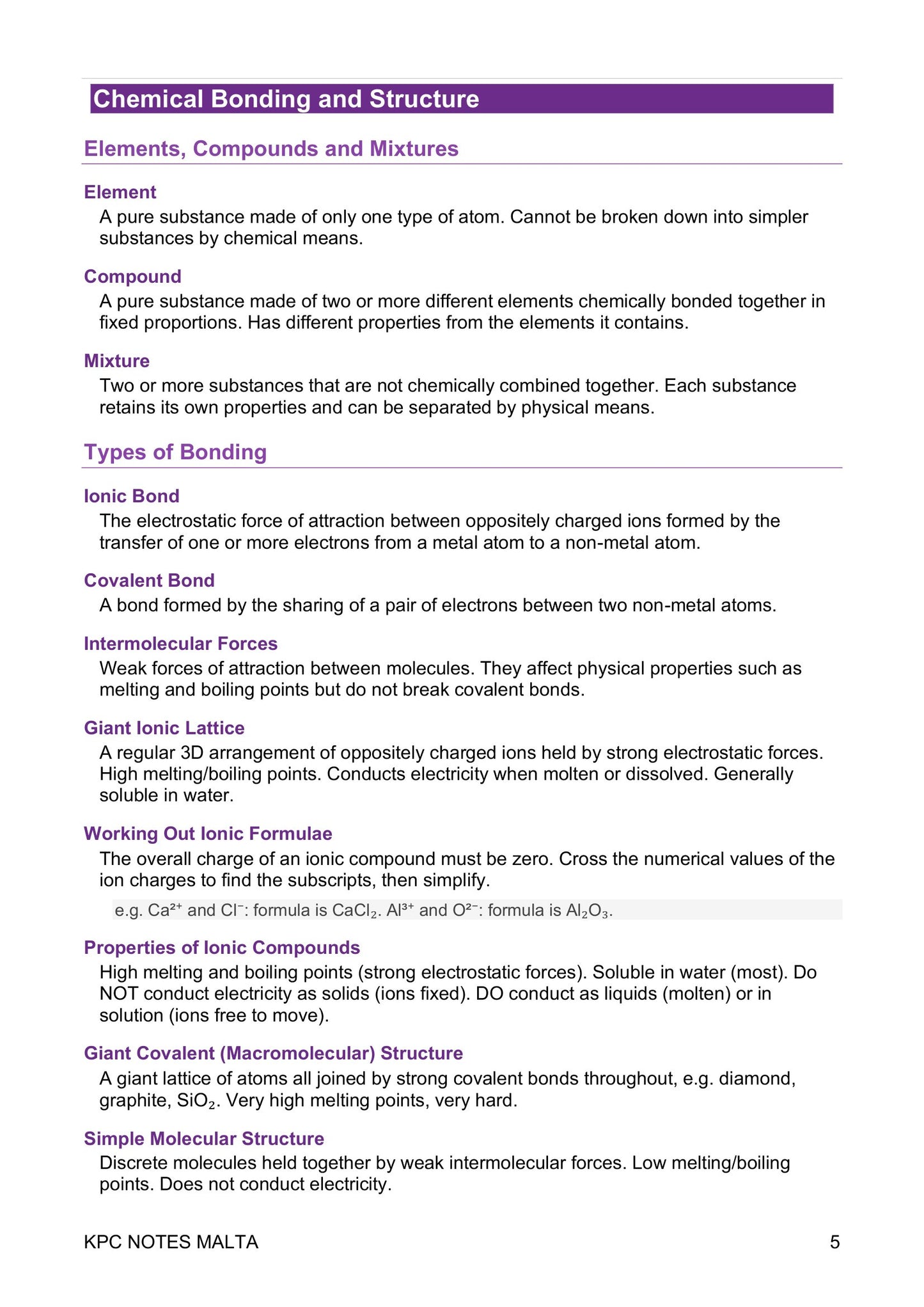 Definitions: chemical bonding and structure, ionic through to simple molecular (page 5)