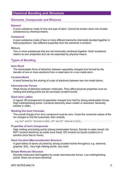 Definitions: chemical bonding and structure, ionic through to simple molecular (page 5)