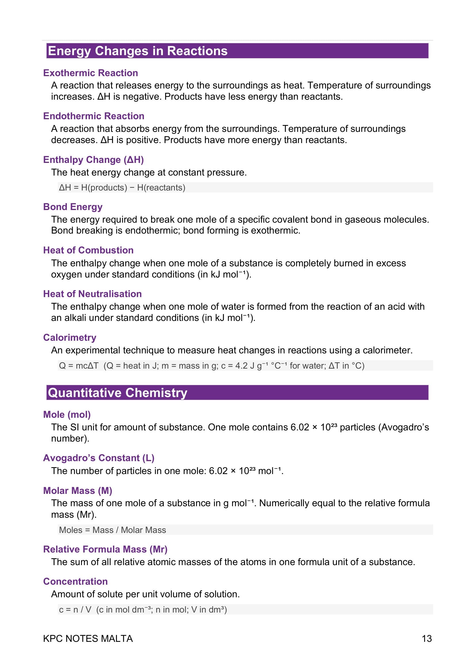 Definitions: energy changes, exothermic and endothermic, enthalpy and bond energy (page 13)