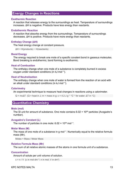 Definitions: energy changes, exothermic and endothermic, enthalpy and bond energy (page 13)