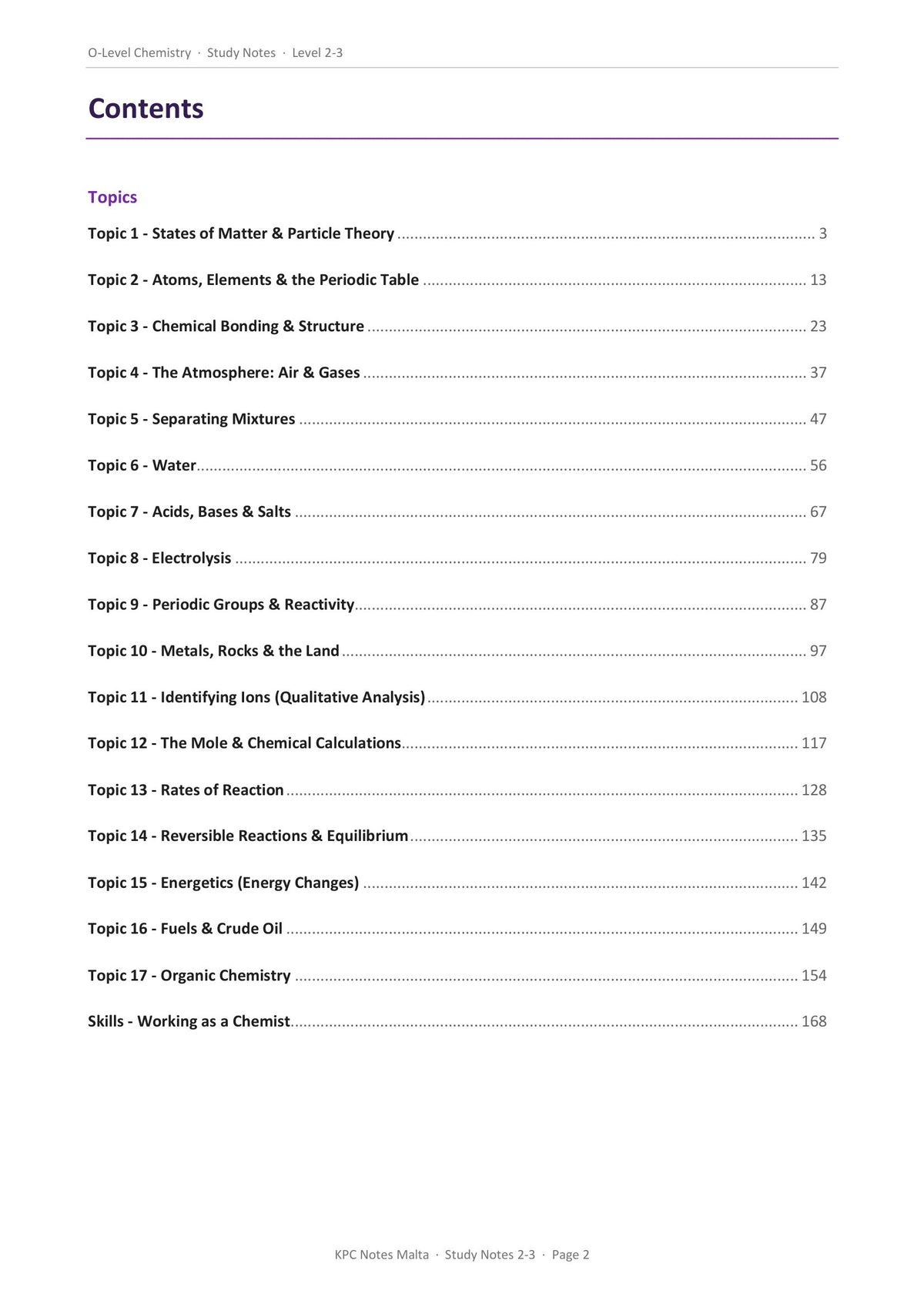 Contents: all 17 topics with page numbers, particle theory to organic chemistry (page 2)