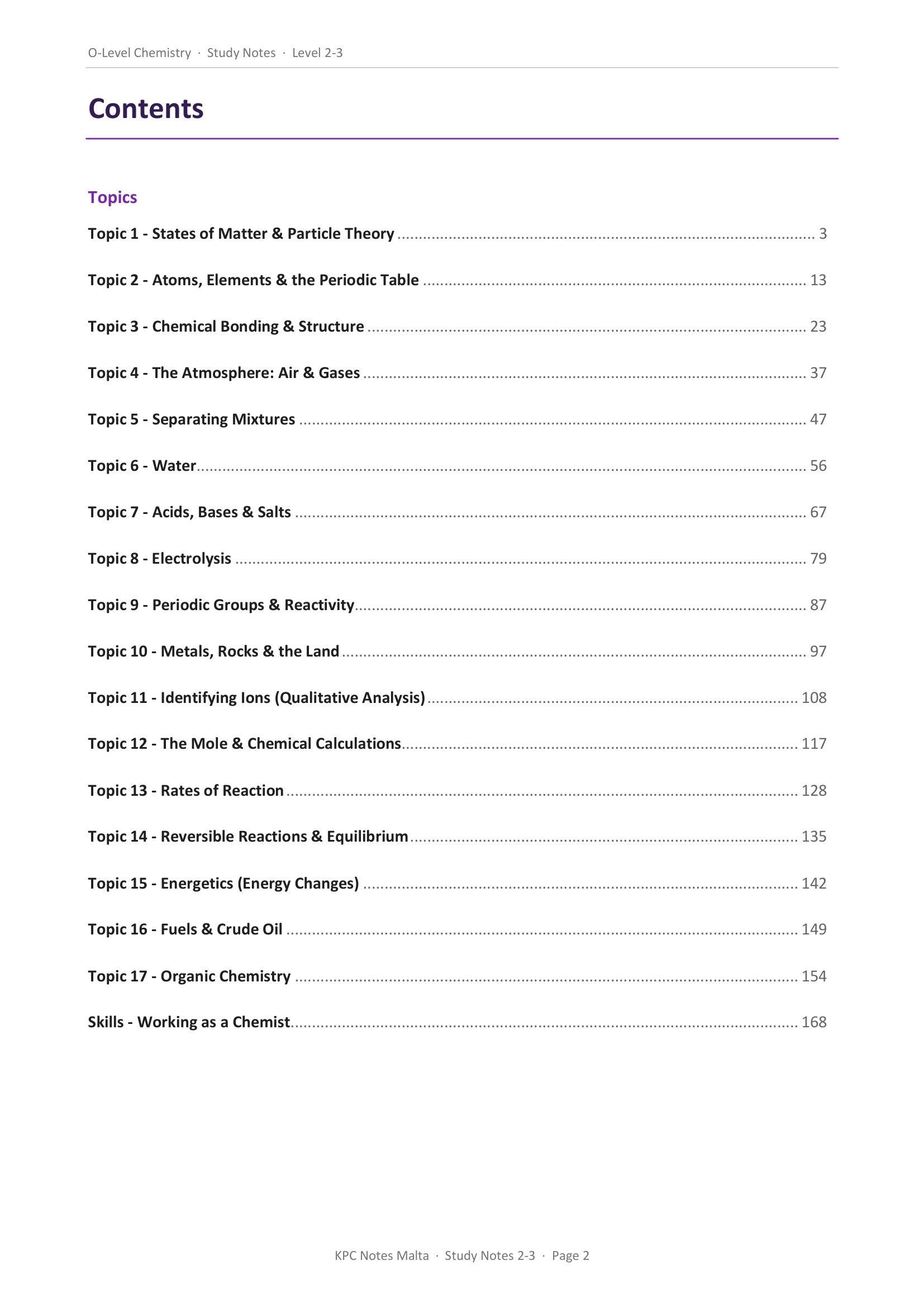 Contents: all 17 topics with page numbers, particle theory to organic chemistry (page 2)