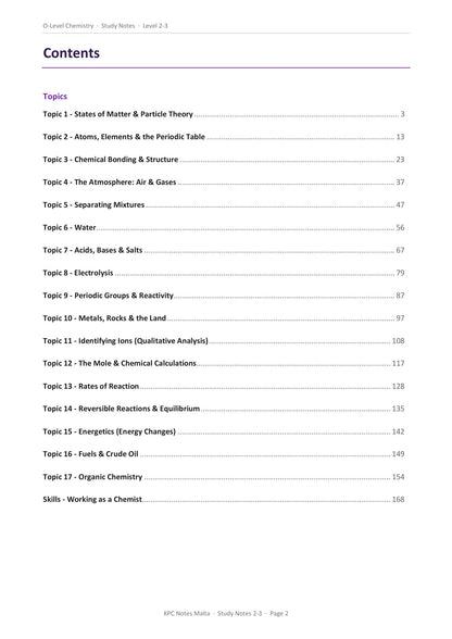 Contents: all 17 topics with page numbers, particle theory to organic chemistry (page 2)