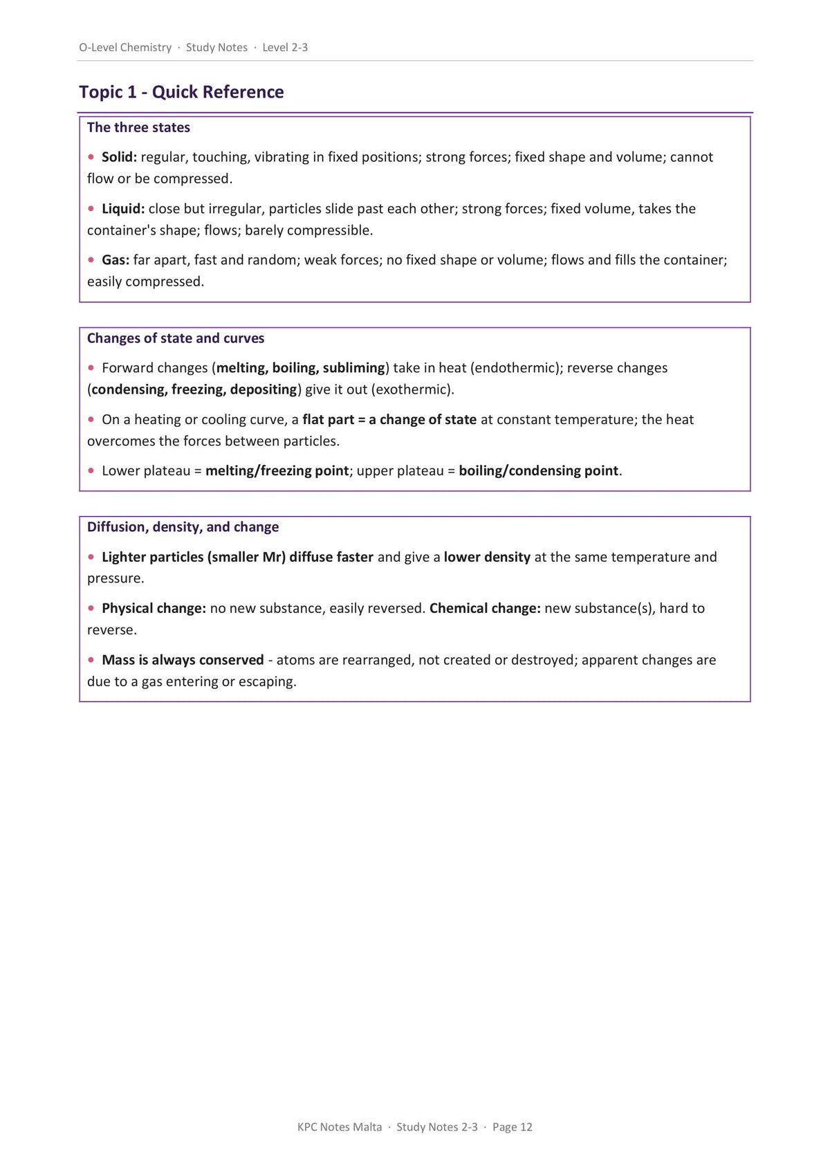 Study notes: the Quick Reference summary that closes every topic, here states of matter (page 12)