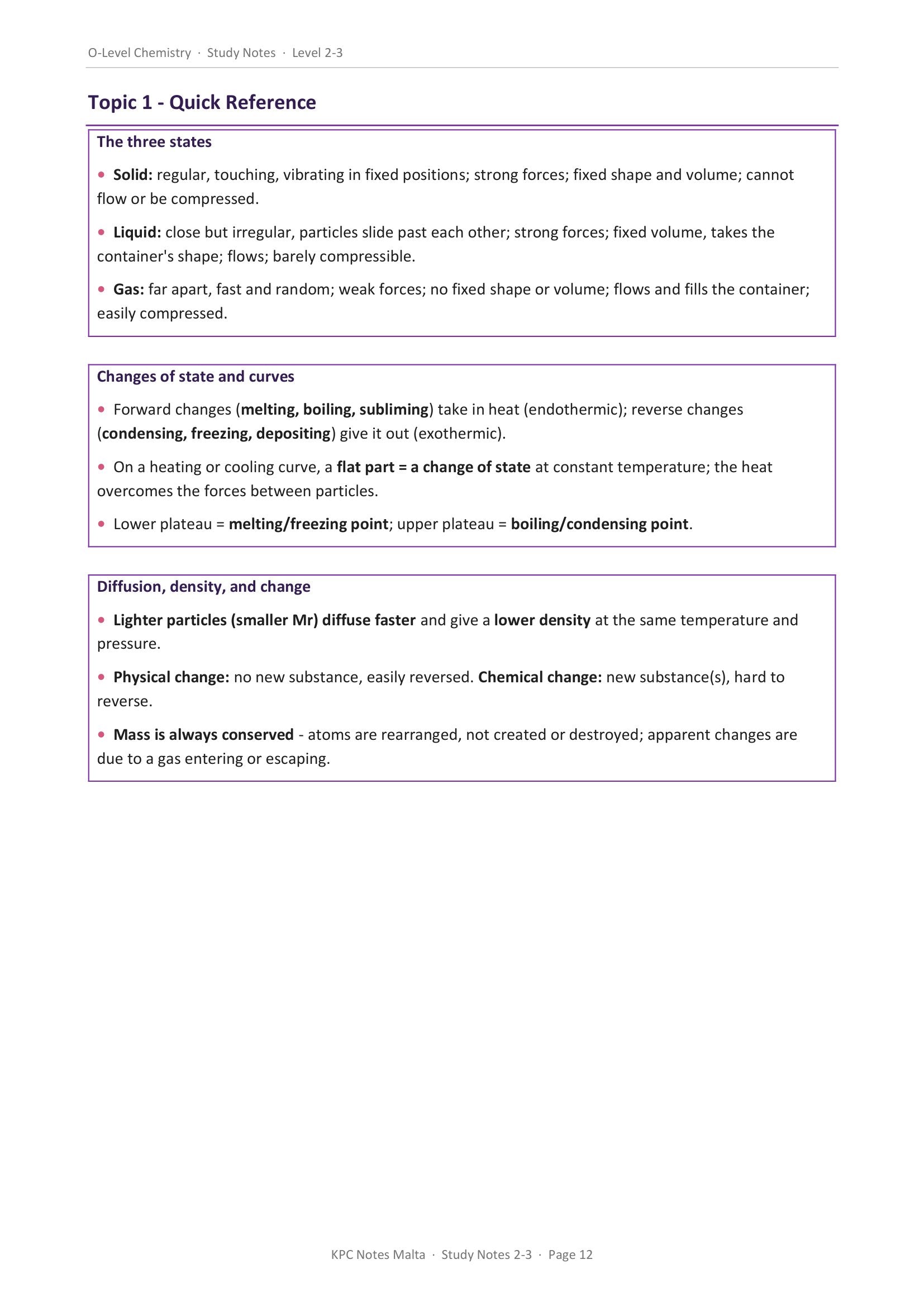 Study notes: the Quick Reference summary that closes every topic, here states of matter (page 12)