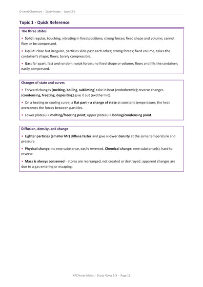 Study notes: the Quick Reference summary that closes every topic, here states of matter (page 12)