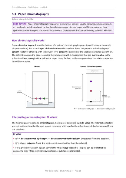 Study notes: paper chromatography, the set-up, the chromatogram and Rf values (page 52)