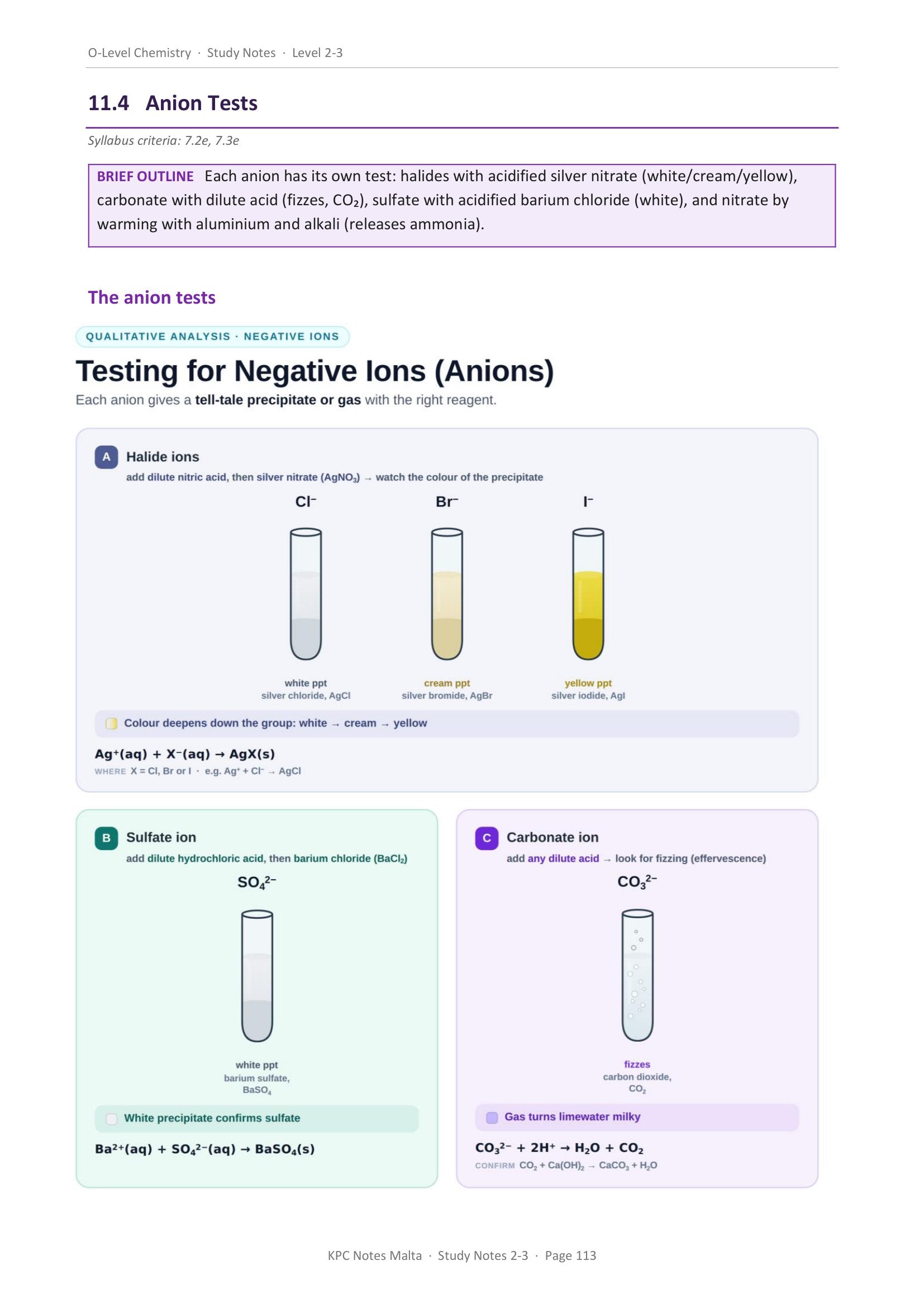 Study notes: the anion tests, halide, sulfate and carbonate, with the ionic equations (page 113)